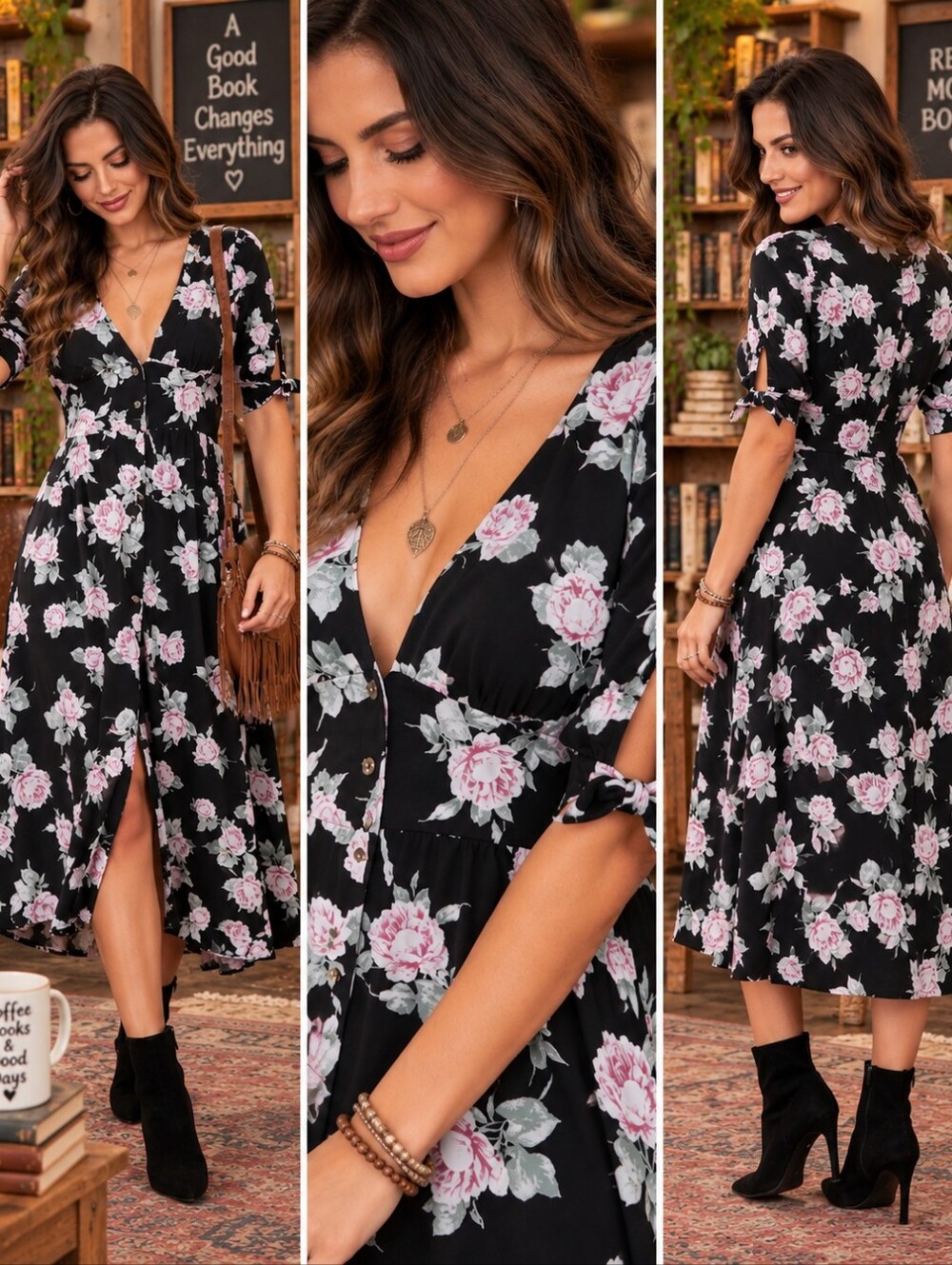 Free People Love Of My Life Dress Midi Black Floral Print Button Front Boho